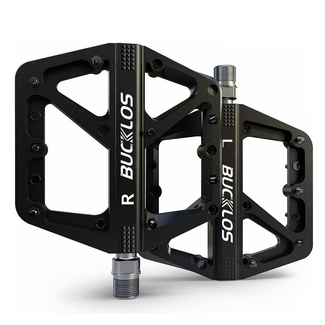 A pair of Tampa Bay eBikes Pedals - Color Splash, labeled "R" and "L," featuring an ergonomic design with metal platforms, cutout details, and threaded axles.