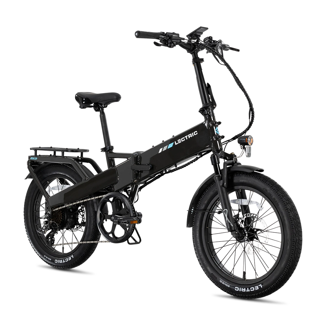 The Lectric XP4, a black folding eBike by Lectric, features thick tires, rear rack, front suspension fork, a visible frame-integrated battery, and a powerful 750W motor. It is pictured against a white background.