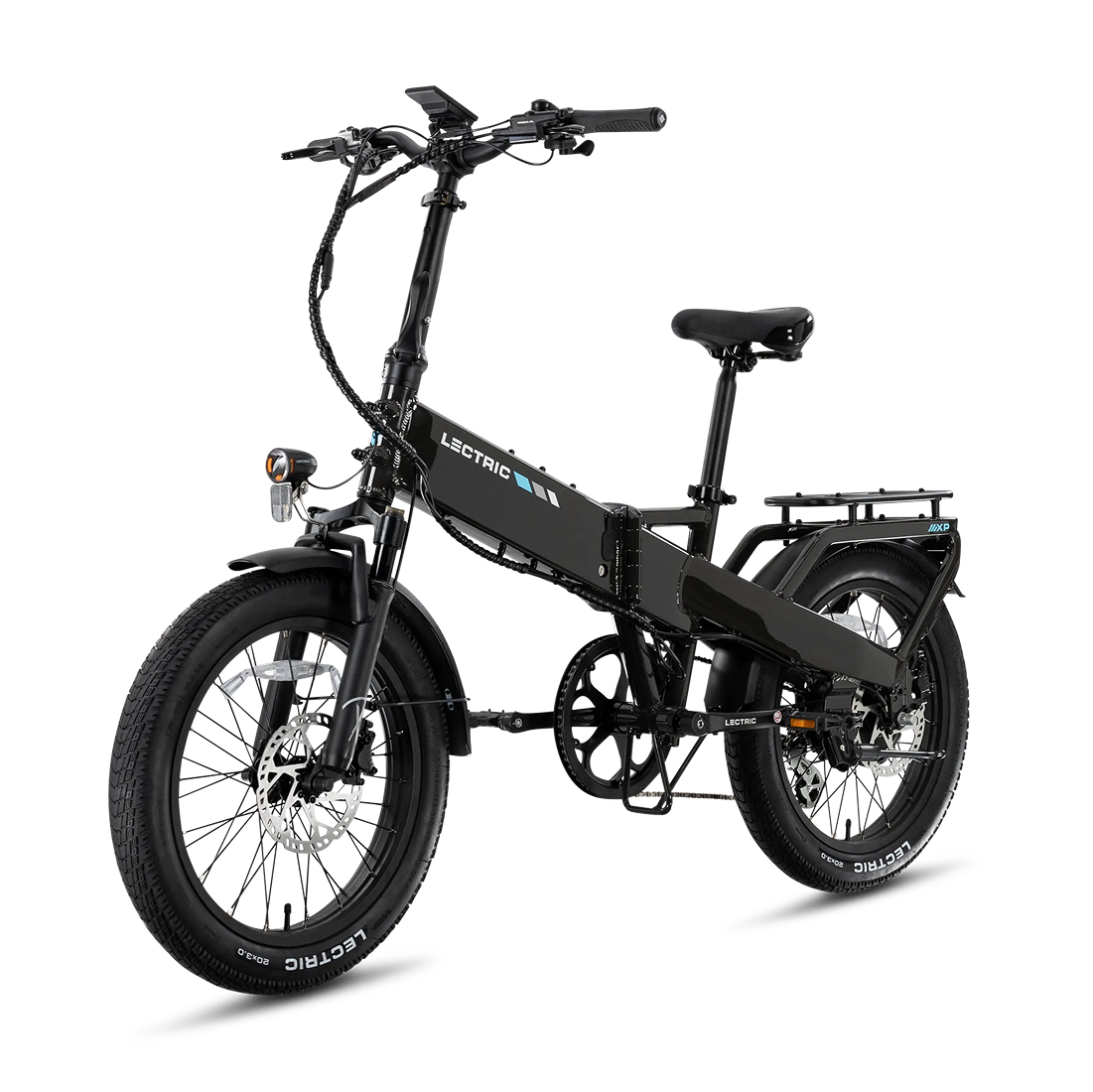 A Lectric XP4 folding eBike in black, featuring fat tires, front suspension, 750W motor, front and rear fenders, and a rear cargo rack from the Lectric brand is displayed on a white background.