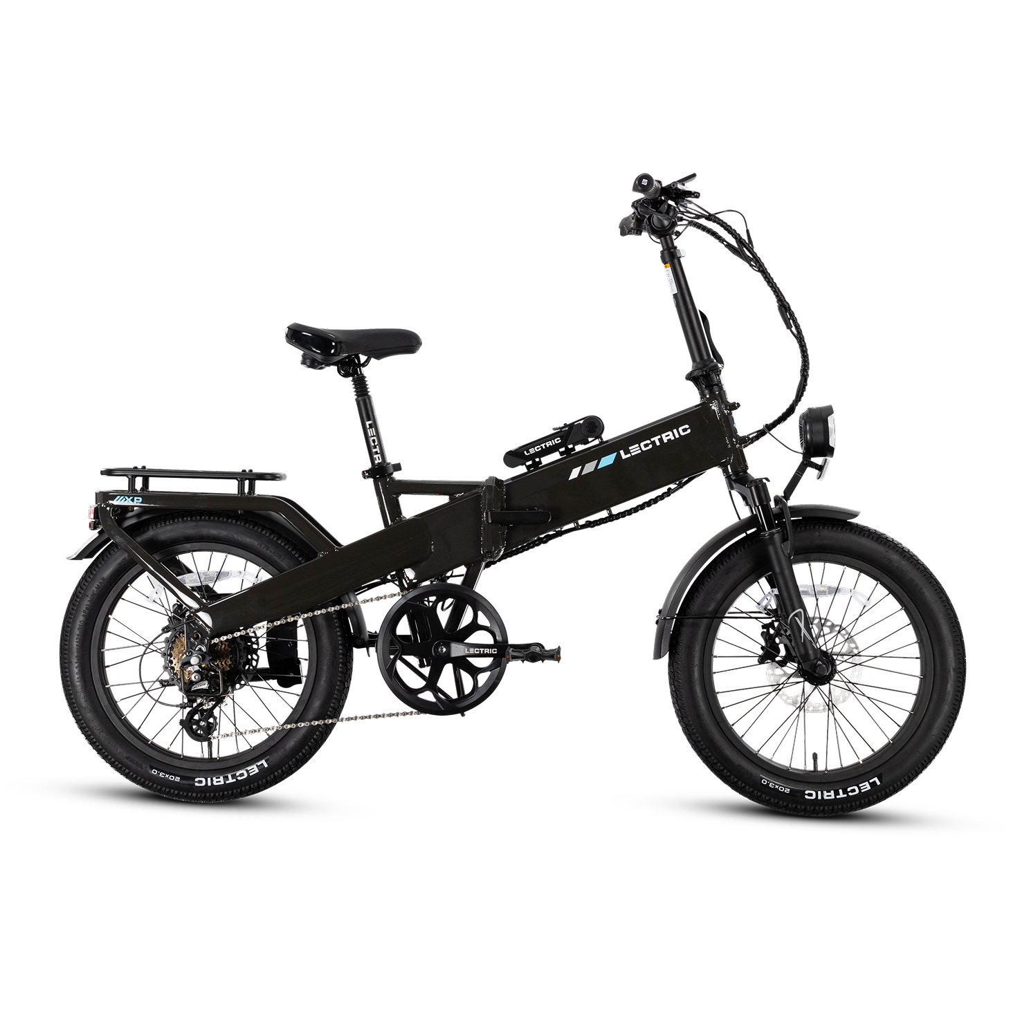 A black Lectric XP4 folding eBike with fat tires, rear rack, lights, and visible gears is shown from the side on a white background—available at Tampa Bay eBikes.