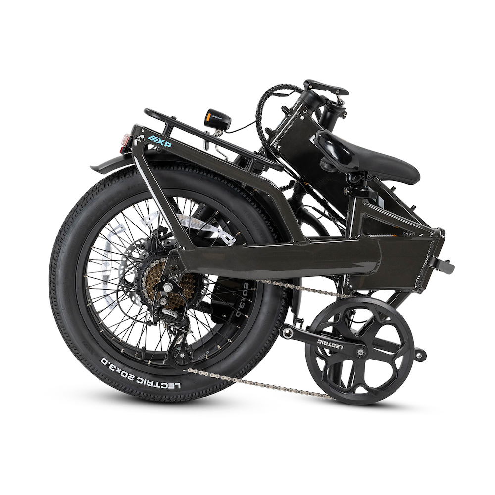 The Lectric XP4, a black folding eBike by Lectric, is shown compactly folded with aligned wheels, pedals, seat, and handlebars for easy storage or transport. It features a powerful 750W motor for efficient rides.