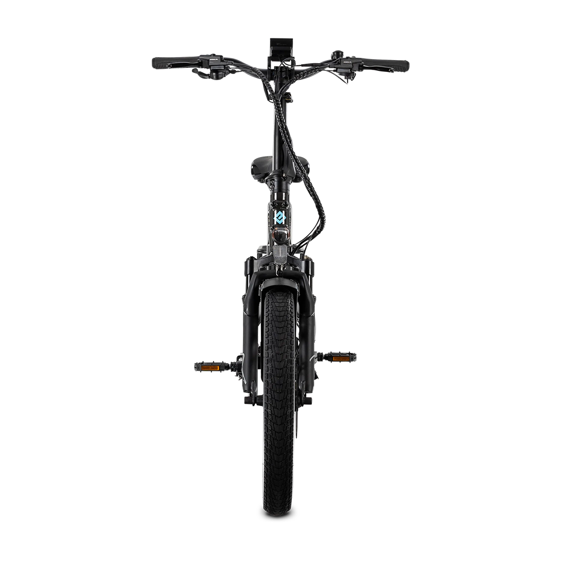 A front view of the Lectric XP4 folding eBike by Lectric in black, showcasing its handlebars, front wheel, pedals, and cables against a white background, and featuring a powerful 750W motor.
