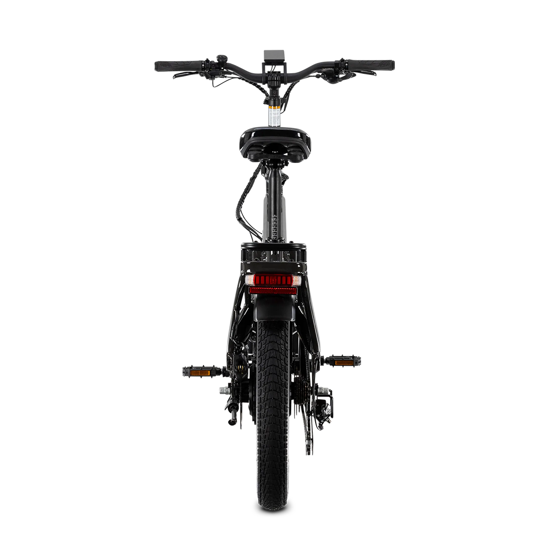 A rear view of the Lectric XP4 black folding eBike by Lectric, highlighting its seat, handlebars, rear light, and back wheel against a white background.