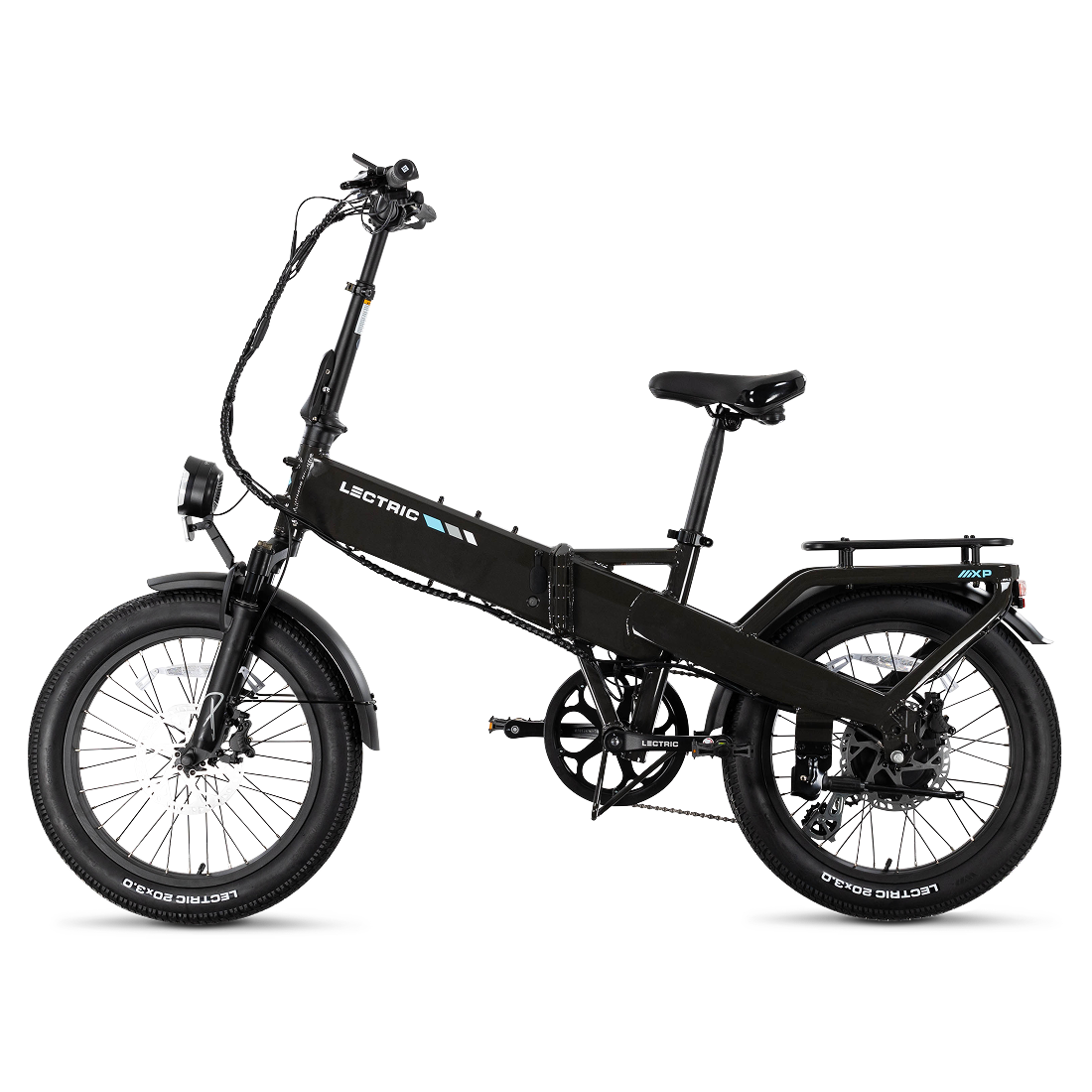 The Lectric XP4 folding eBike features a powerful 750W motor, thick tires, rear cargo rack, and front suspension fork. The side view shows the black frame with "Lectric" branding, displayed against a white background.