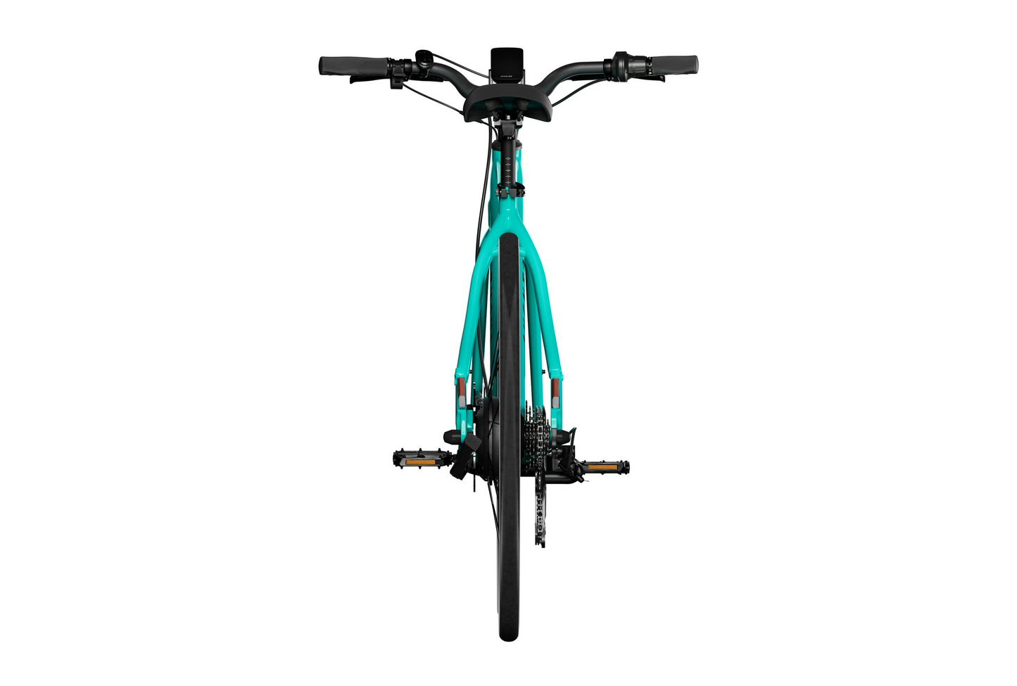 Front view of the Aventon Soltera 2.5 in teal, showcasing its aerodynamic frame, visible handlebars, front wheel, and part of the gear system against a white background.