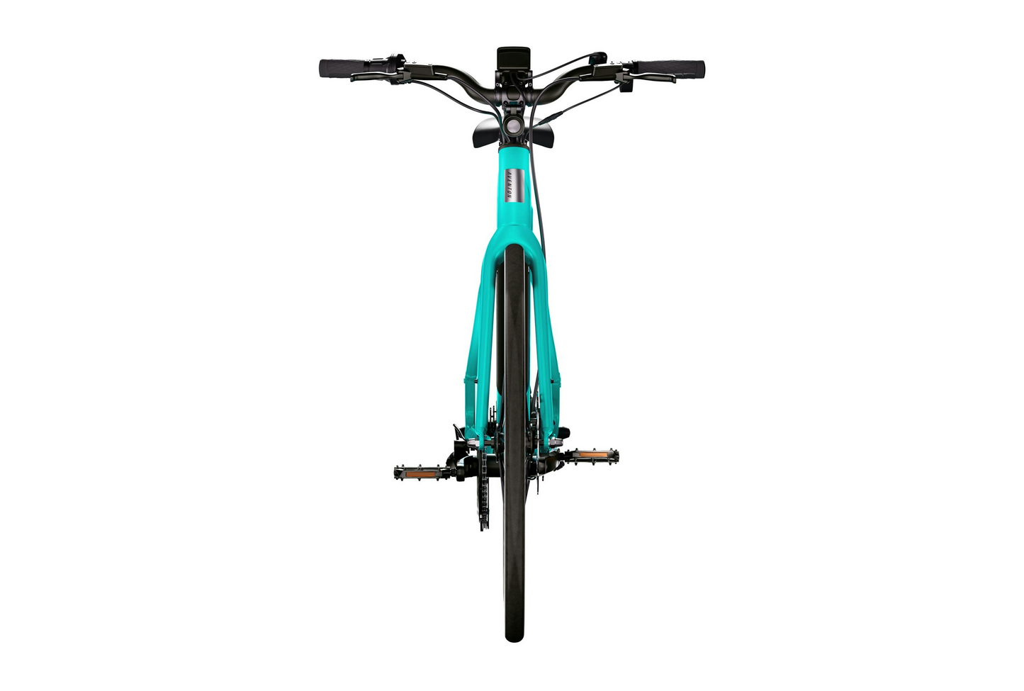 Front view of an Aventon Soltera 2.5 bicycle in turquoise by Aventon with upright handlebars, black front tire, and aerodynamic frame, photographed against a white background.