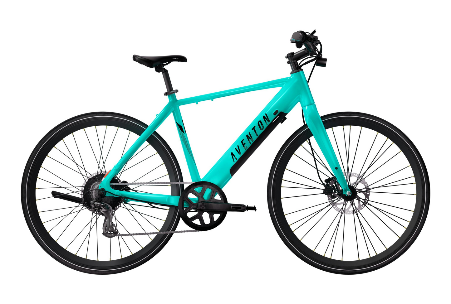 A turquoise Aventon Soltera 2.5 electric bike with an aerodynamic frame, black seat, handlebars, and tires is displayed in side profile on a white background.
