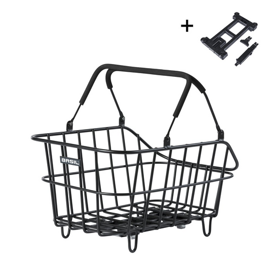 The Basil Cento MIK rear basket is a black metal wire bicycle basket with a handle, shown with mounting bracket and hardware. It features Basil branding on the side and is compatible with the MIK system for easy rear e-bike attachment.
