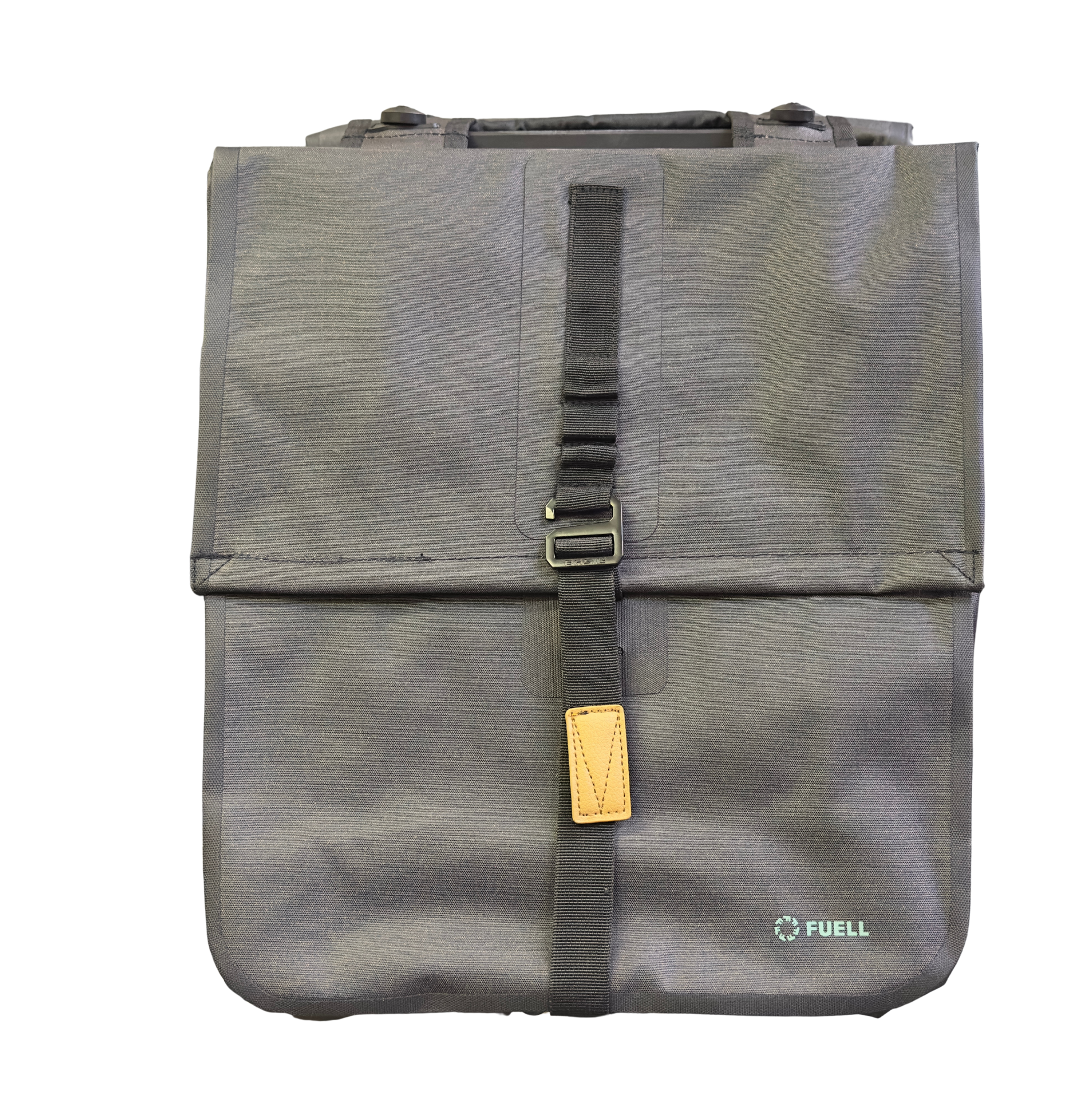 The Basil Urban Dry MIK Double Panniers by Basil are gray rectangular bags with a front flap, black buckle strap, tan accent, and a logo—perfect waterproof bike or e-bike panniers when used with a compatible MIK adapter plate.
