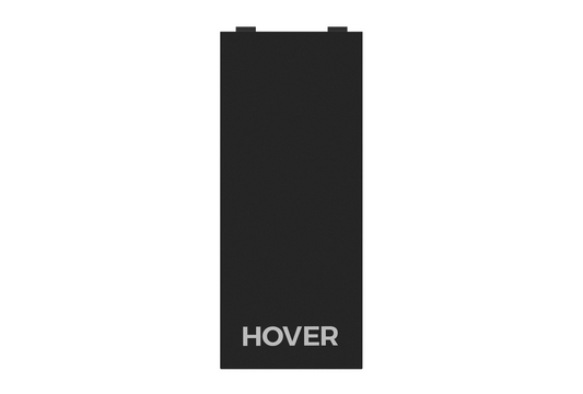 A black rectangular device labeled "HOVER" is shown against a white background, echoing the sleek design of HOVERAir X1 Battery or futuristic gadgets like the PowerCase.