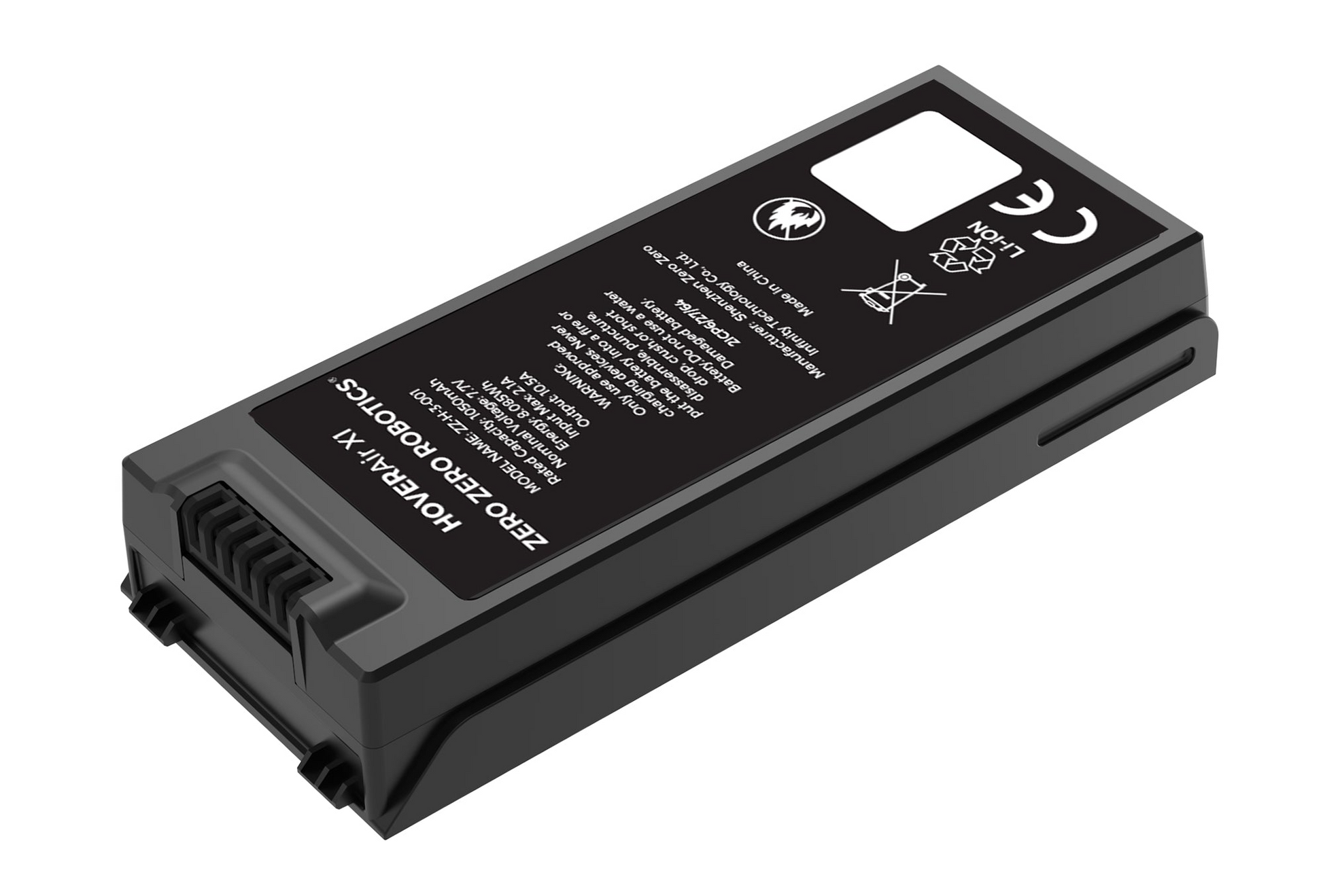 A sleek rectangular black battery labeled "HOVERAir X1," featuring technical specs and safety icons, serves as a PowerCase to efficiently charge devices on the go.