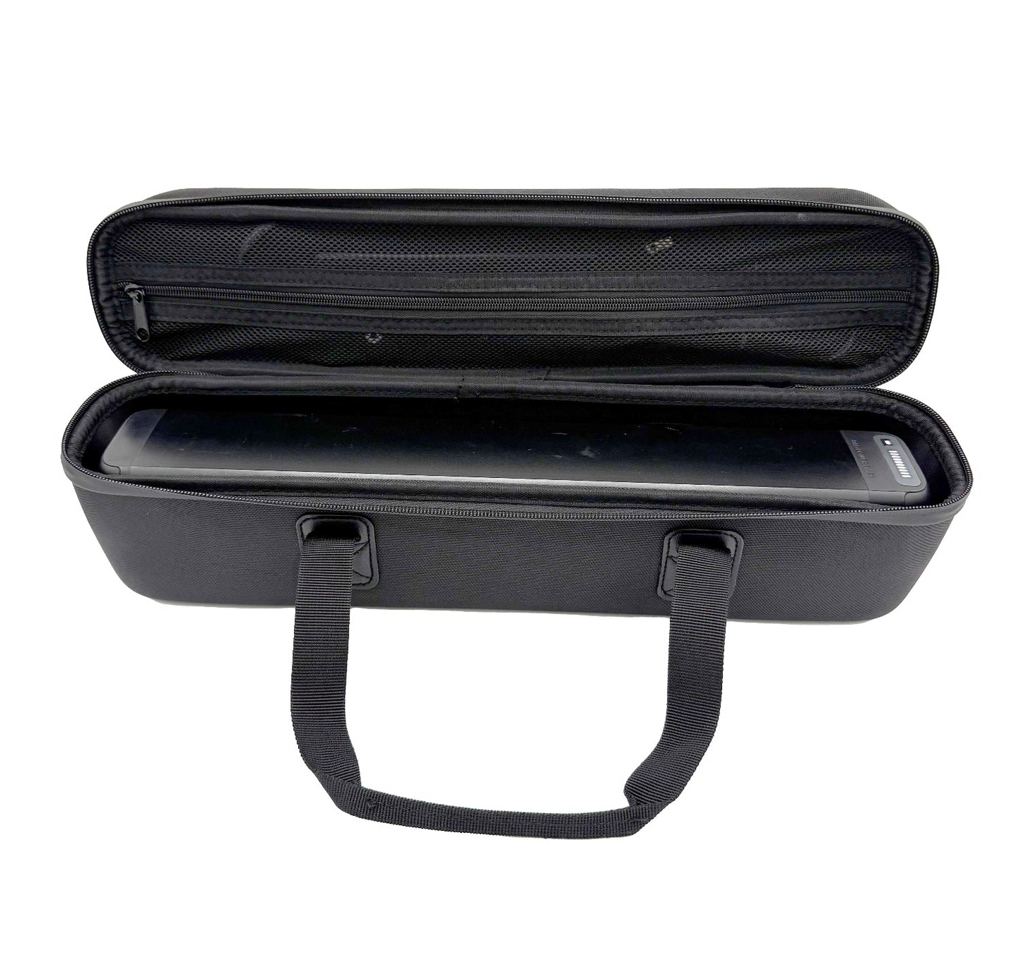 The Hollywood Racks Transport Bag for eBike Battery is a black, weather-resistant bag with handles, unzipped to show an electronic device safely secured inside its protective compartment.