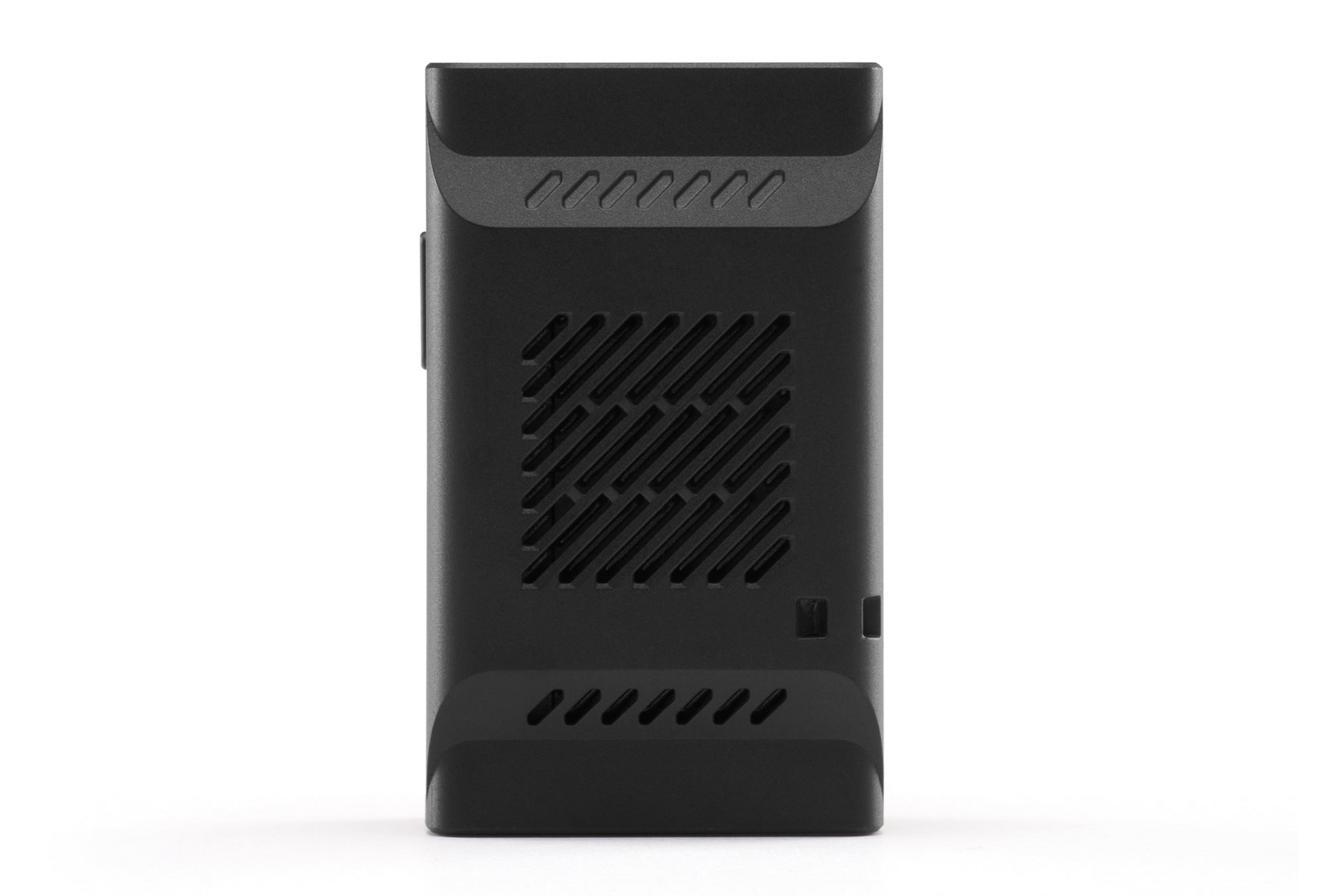 The HOVERAir Beacon, an electronic device by HOVERAir, is showcased on a white background with its vented design visible from the front. Drawing inspiration from the innovation of HoverAir X1 Pro & Pro Max, its shape implies advanced features like an intelligent battery for extended performance.