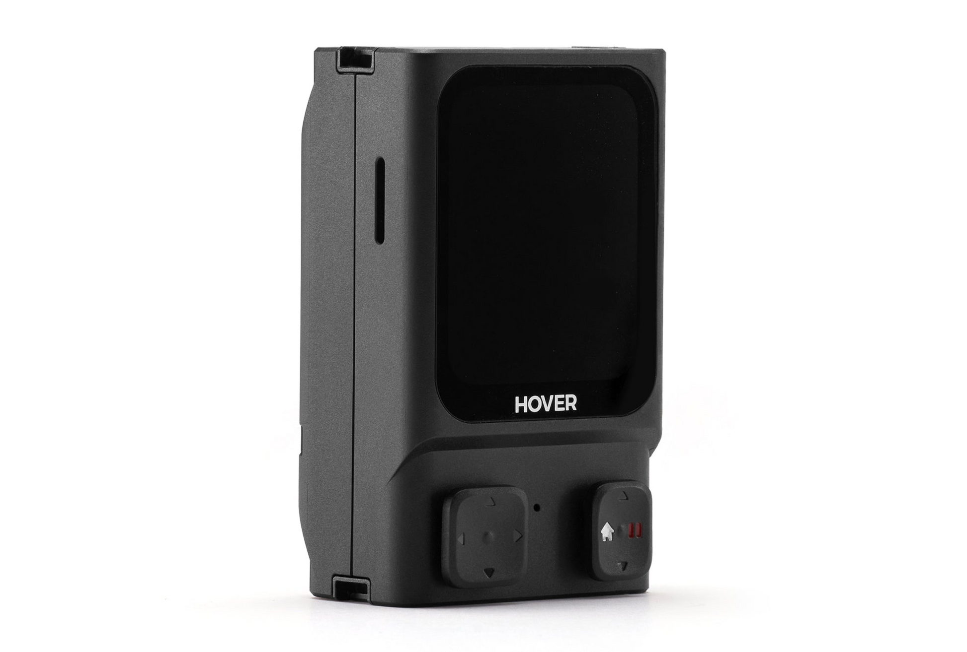 The sleek, rectangular black HOVERAir device with the logo on the front features a small screen and two intuitive buttons at the bottom. The HOVERAir Beacon model is designed for efficiency, with an intelligent battery ensuring extended flight time for your adventures.