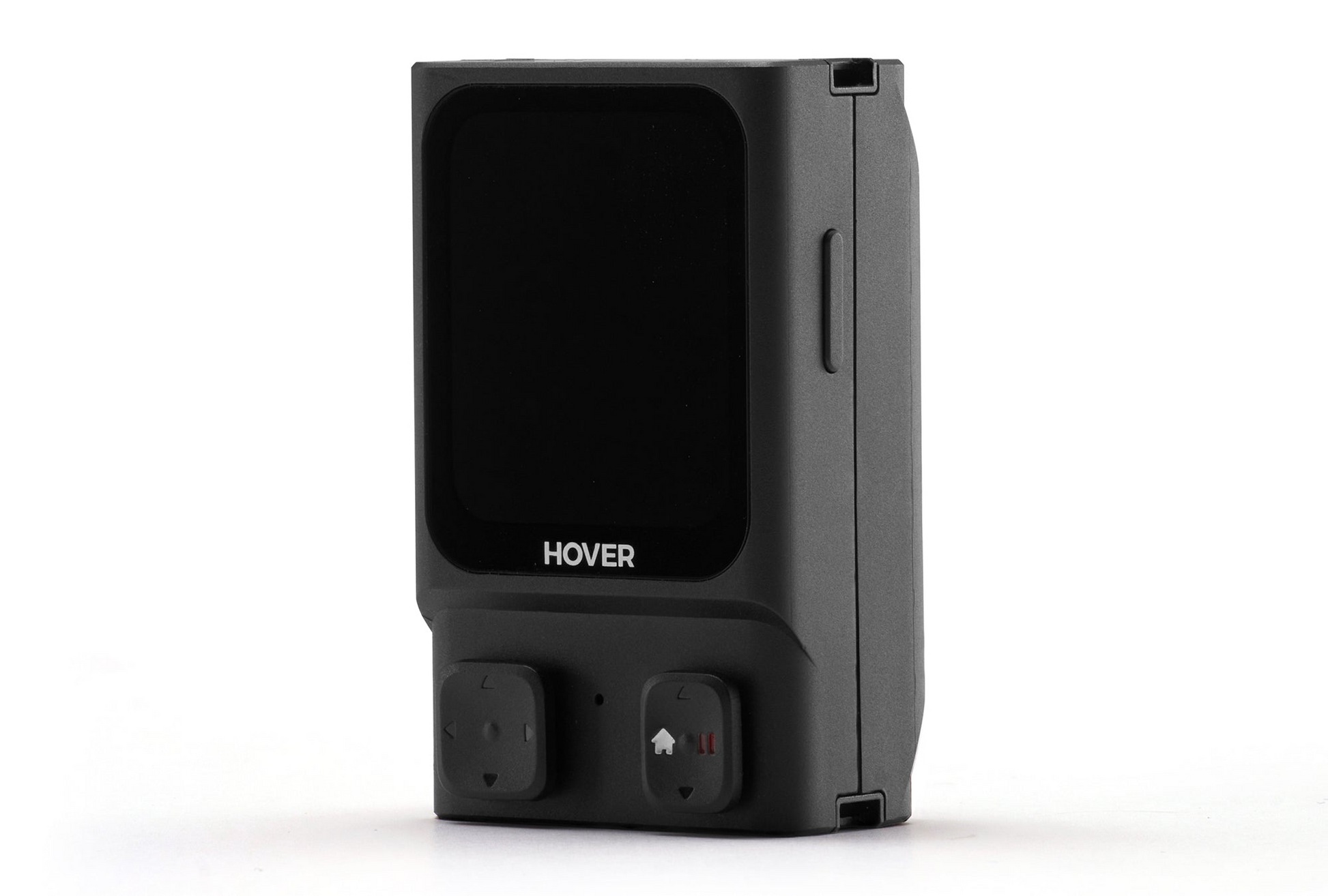 A black rectangular electronic device with a screen labeled "HOVER" and two icon buttons at the bottom is called the HOVERAir Beacon. The HoverAir X1 Pro, from the same brand, boasts extended flight time due to its smart battery design.