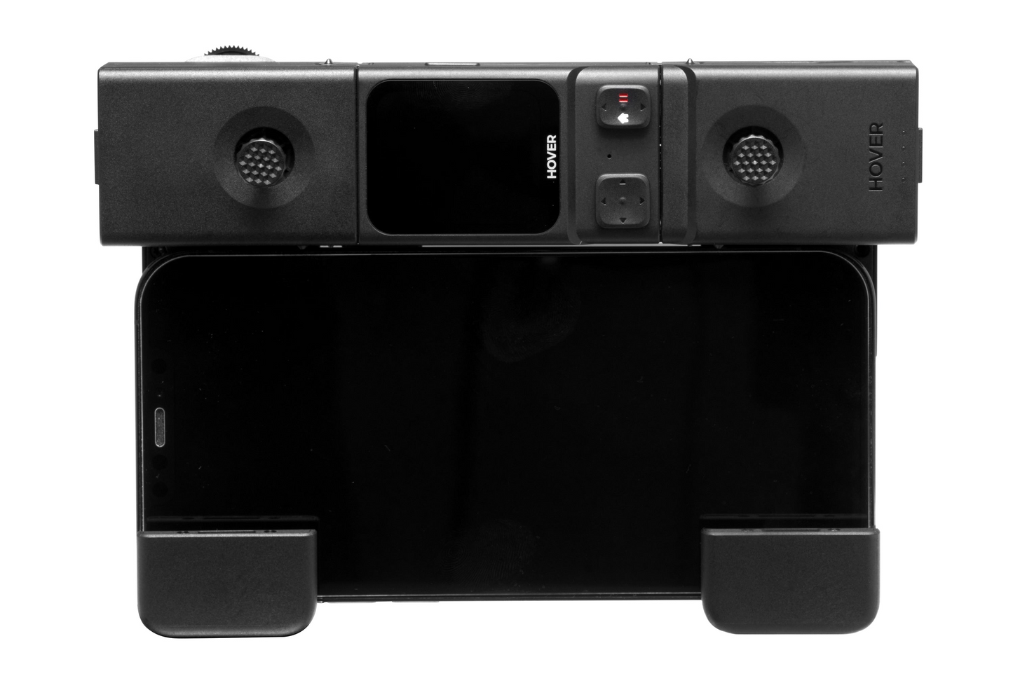 A black HOVERAir Beacon with twin lenses attaches to a smartphone in a mount, employing HoverLink technology for seamless integration and real-time monitoring.