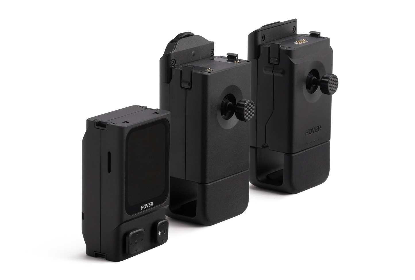 Three HOVERAir electronic devices with adjustable lenses on stands, part of the HOVERAir Beacon and JoyStick Bundle, use HoverLink technology for seamless real-time monitoring.