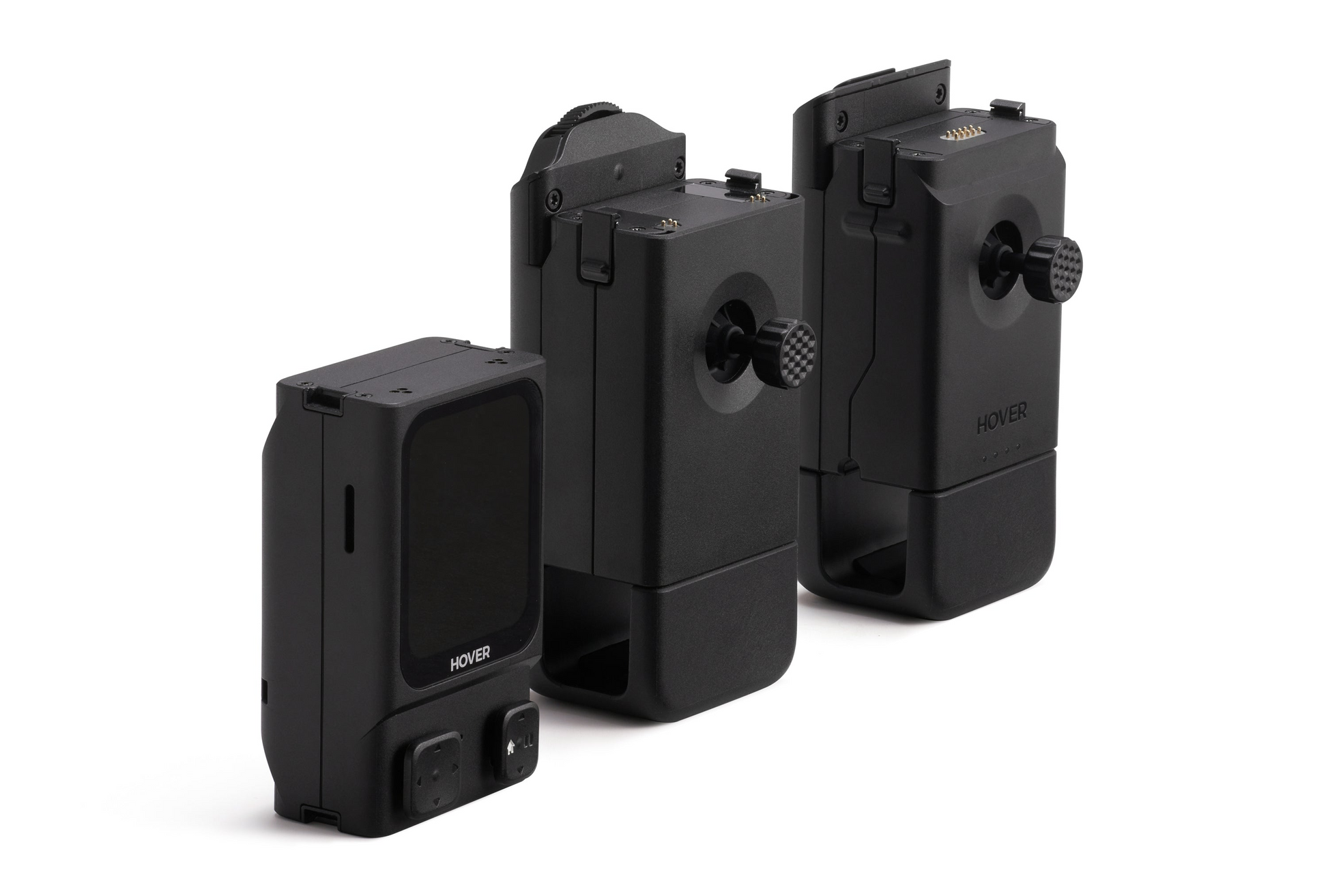 Three HOVERAir electronic devices with adjustable lenses on stands, part of the HOVERAir Beacon and JoyStick Bundle, use HoverLink technology for seamless real-time monitoring.