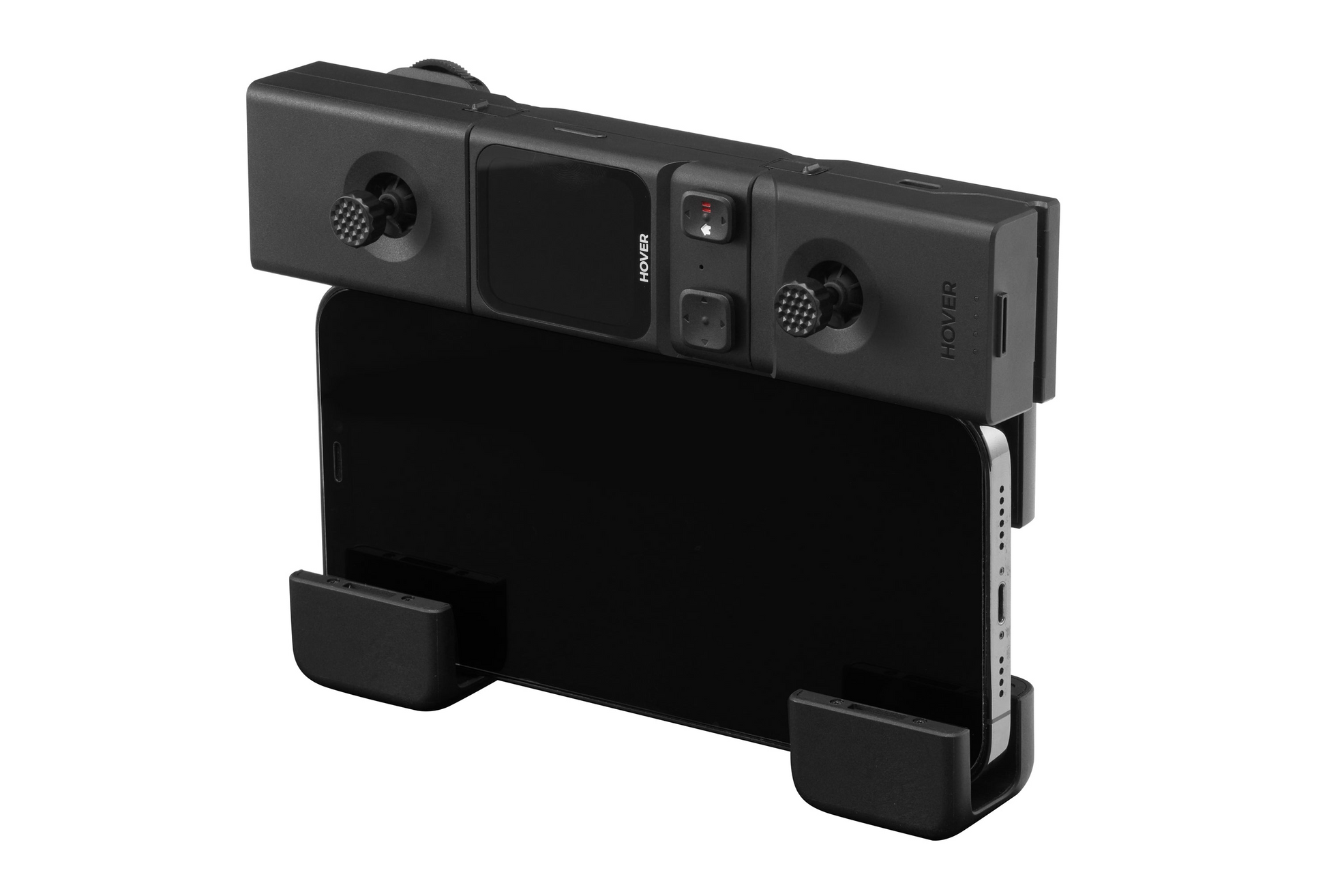 The HOVERAir Beacon and JoyStick Bundle, a black mobile gaming controller with two thumbsticks and various buttons, integrates HoverLink technology for seamless smartphone connectivity.