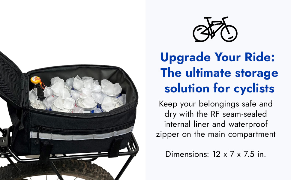 The Bikase Bag - Big Momma MIK is a perfect cyclist storage solution, featuring a rear rack bag with waterproof zipper and RF seam-sealed liner. Sized at 12 x 7 x 7.5 inches, it's ideal for trunk mounting on cycling trips.