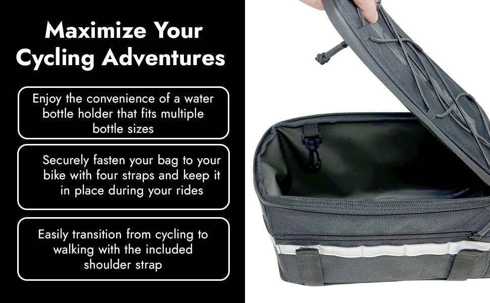 The Bikase Bag - Big Momma MIK is a gray, waterproof cycling bag with an open top revealing a spacious interior. It features a water bottle holder, secure straps, and a shoulder strap for easy transitioning and seamless mounting on your Big Momma Rack.