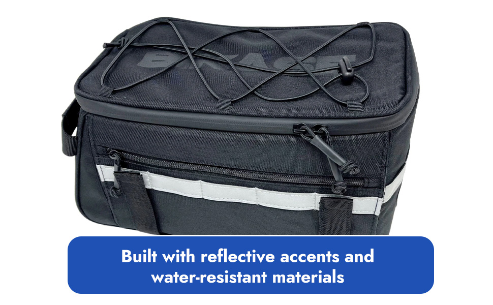 The Bikase Bag - Big Momma MIK is a black rectangular bag with bungee cords, reflective accents, and a zippered closure. It has a side pocket and features water-resistant materials. Ideal as a waterproof bike or trunk mounting bag with reflective details for safety.