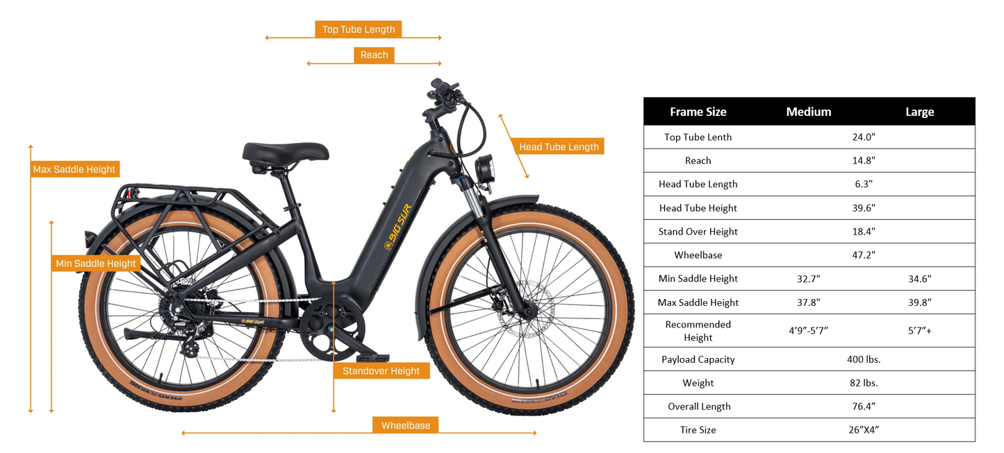 Diagram of the AIMA - Big Sur eBike with labels indicating various measurements such as top tube length, reach, head tube length, stand over height, and wheelbase, alongside a table comparing frame sizes. This all-terrain companion also features a powerful motor for versatile riding experiences.
