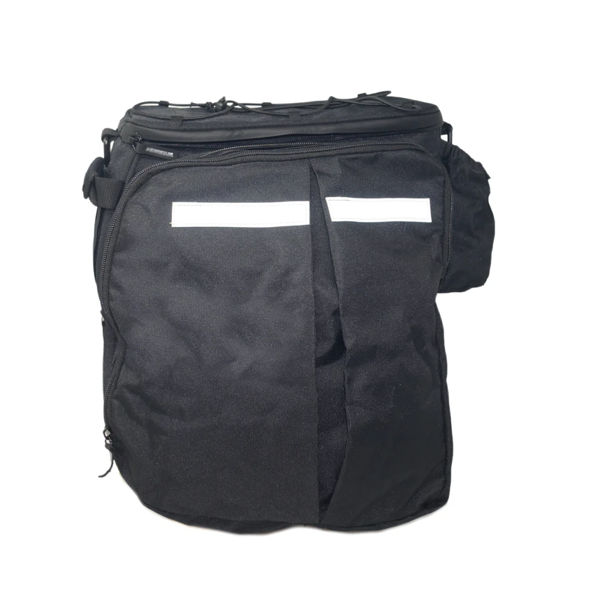 The Bikase Bag - Big Daddy MIK is a black fabric backpack featuring two front zipper pockets and reflective accents, with white horizontal strips on each pocket.