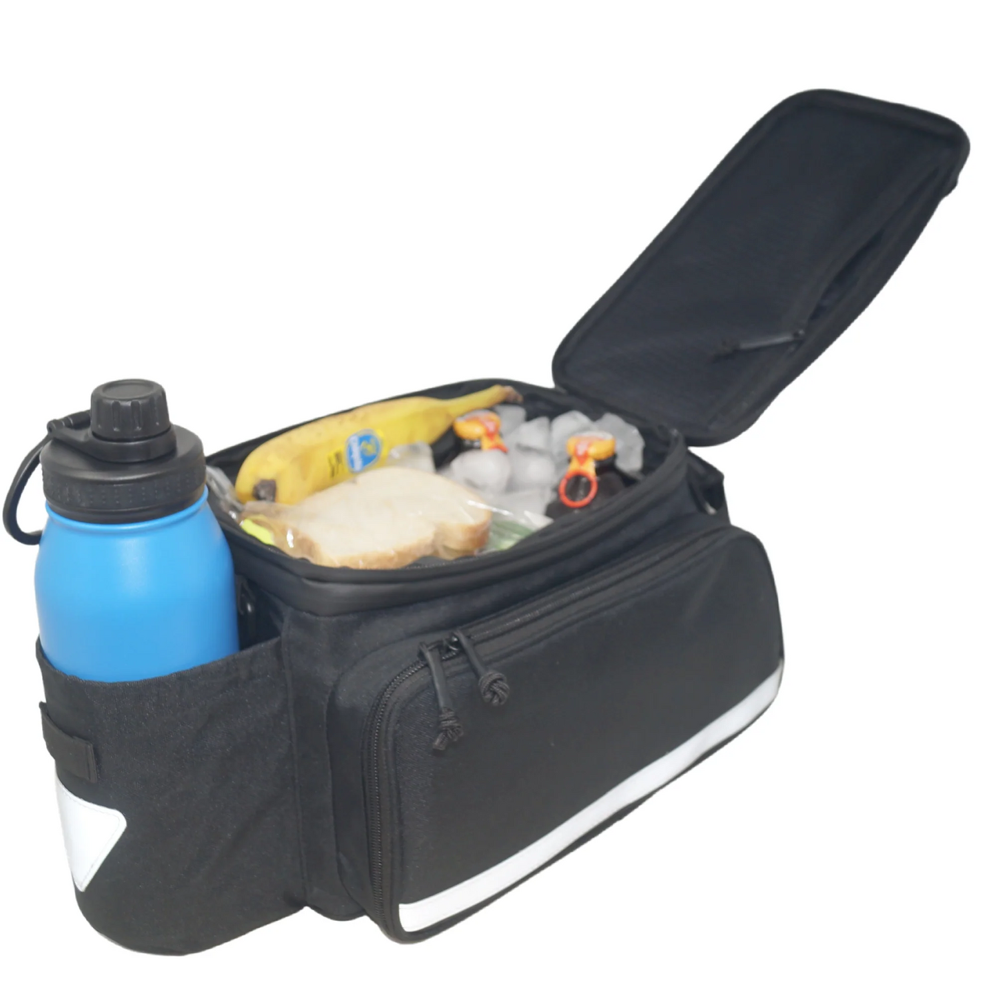 The Bag - Big Daddy MIK by Bikase, complete with reflective accents, offers an open compartment for sandwiches, a banana, and snacks. A side pocket holds your blue water bottle, making it ideal for those always on the go.
