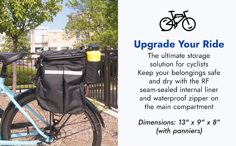 The bike features sleek Big Daddy MIK panniers by Bikase, complete with reflective accents, and a yellow water bottle on the rear rack—ideal for cyclists looking for stylish and safe storage solutions.