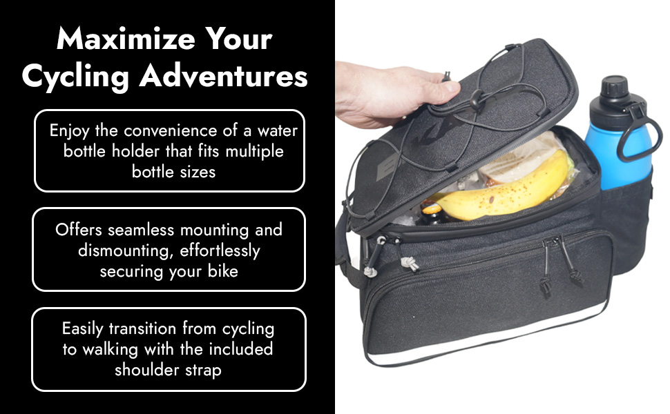 A hand opens the black Bag - Big Daddy MIK by Bikase, revealing a banana and snacks, with reflective accents for safety. A blue water bottle is attached to the side. The text highlights its MIK compatibility, enhancing convenience for cycling and walking.