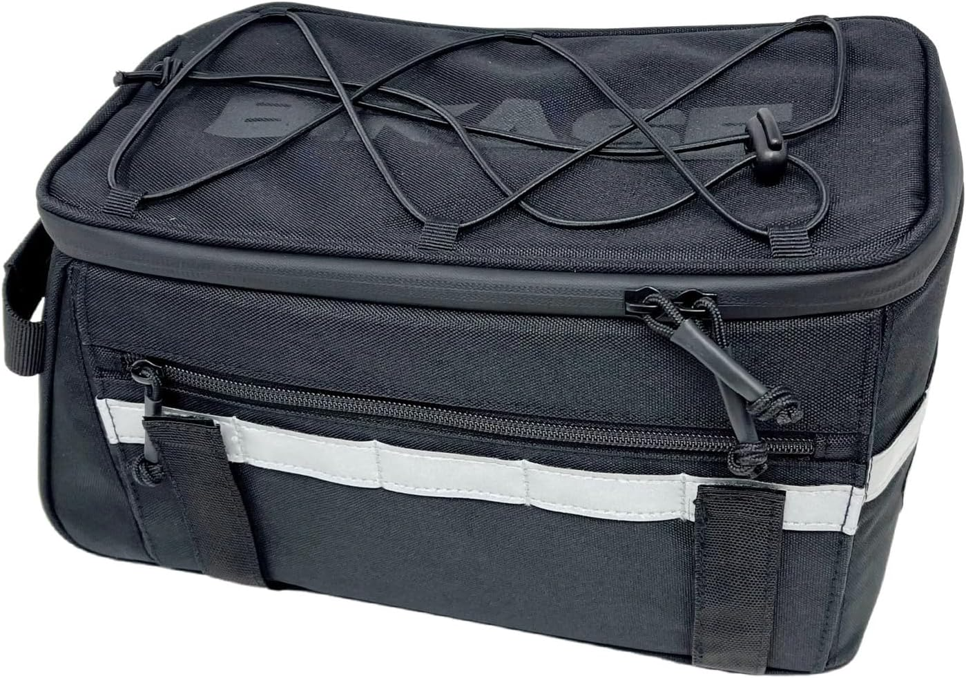 The Bikase Bag - Big Momma MIK is a black rectangular bike handlebar bag featuring a zippered pocket, elastic cord on top, and reflective strip. Its waterproof design protects from elements, making it perfect for adventures with Big Momma Rack or trunk mounting systems.