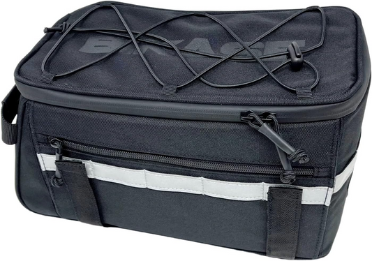 The Bikase Bag - Big Momma MIK is a black rectangular bike handlebar bag featuring a zippered pocket, elastic cord on top, and reflective strip. Its waterproof design protects from elements, making it perfect for adventures with Big Momma Rack or trunk mounting systems.