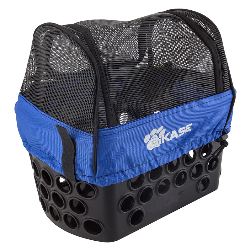The Bikase Pet Cover for DairyMan Basket by Bikase is a blue and black carrier with a mesh top and circular ventilation holes, designed to ensure your pet's comfort on every journey.