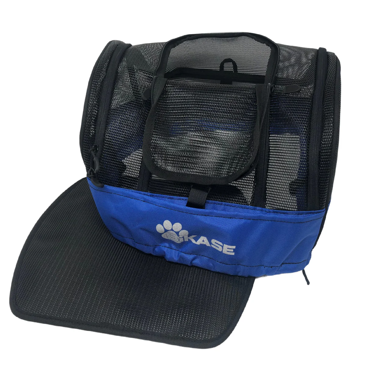 The Bikase Pet Cover for DairyMan Basket is a stylish blue and black pet carrier with a mesh top, white paw logo, and "Kase" on the side. It's perfect for on-the-go pets and complements accessories like the DairyMan Rear Basket for versatile travel.