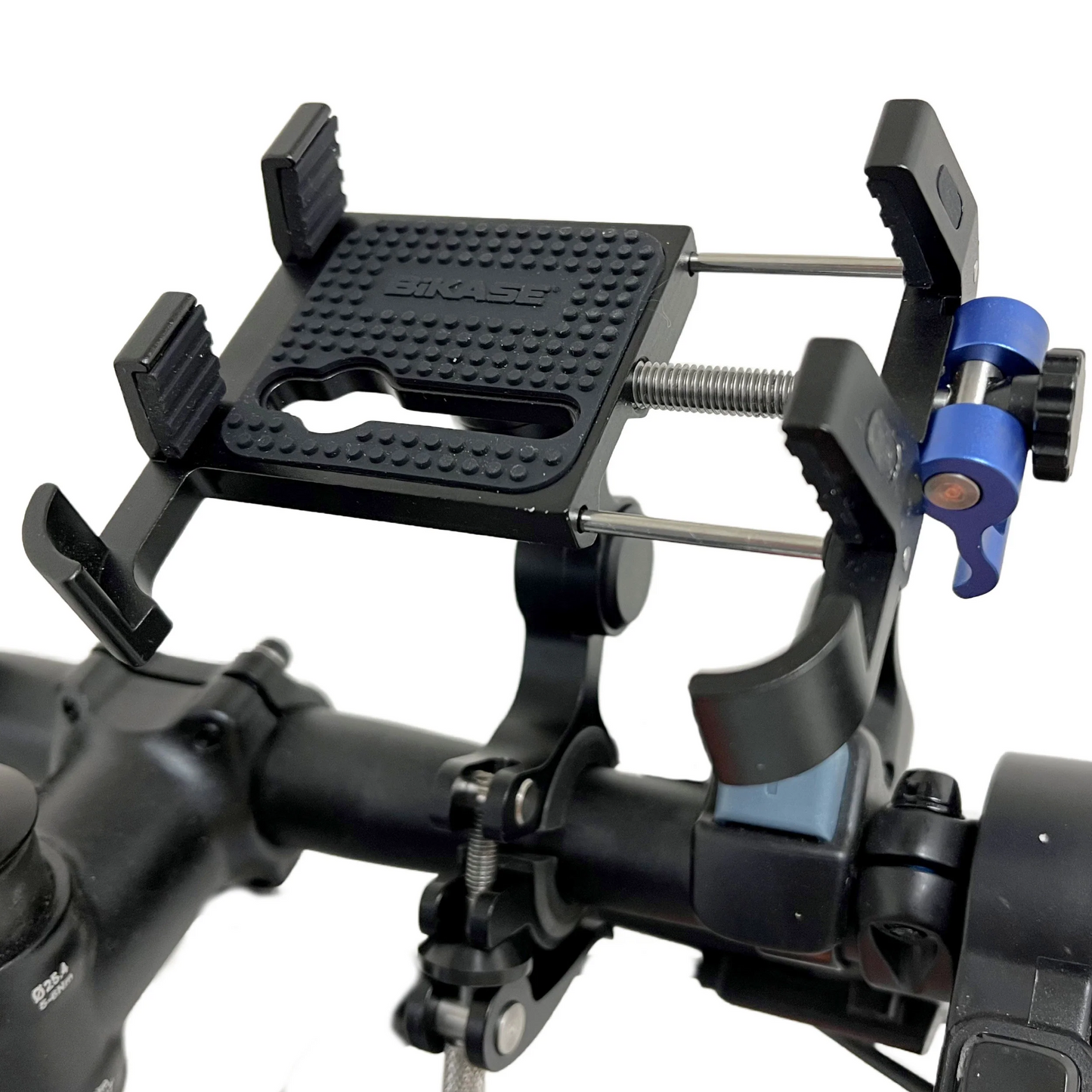 A close-up of the BiKASE BikGrip Cell Phone Holder, a black and blue universal bike mount, attached to a bicycle handlebar.