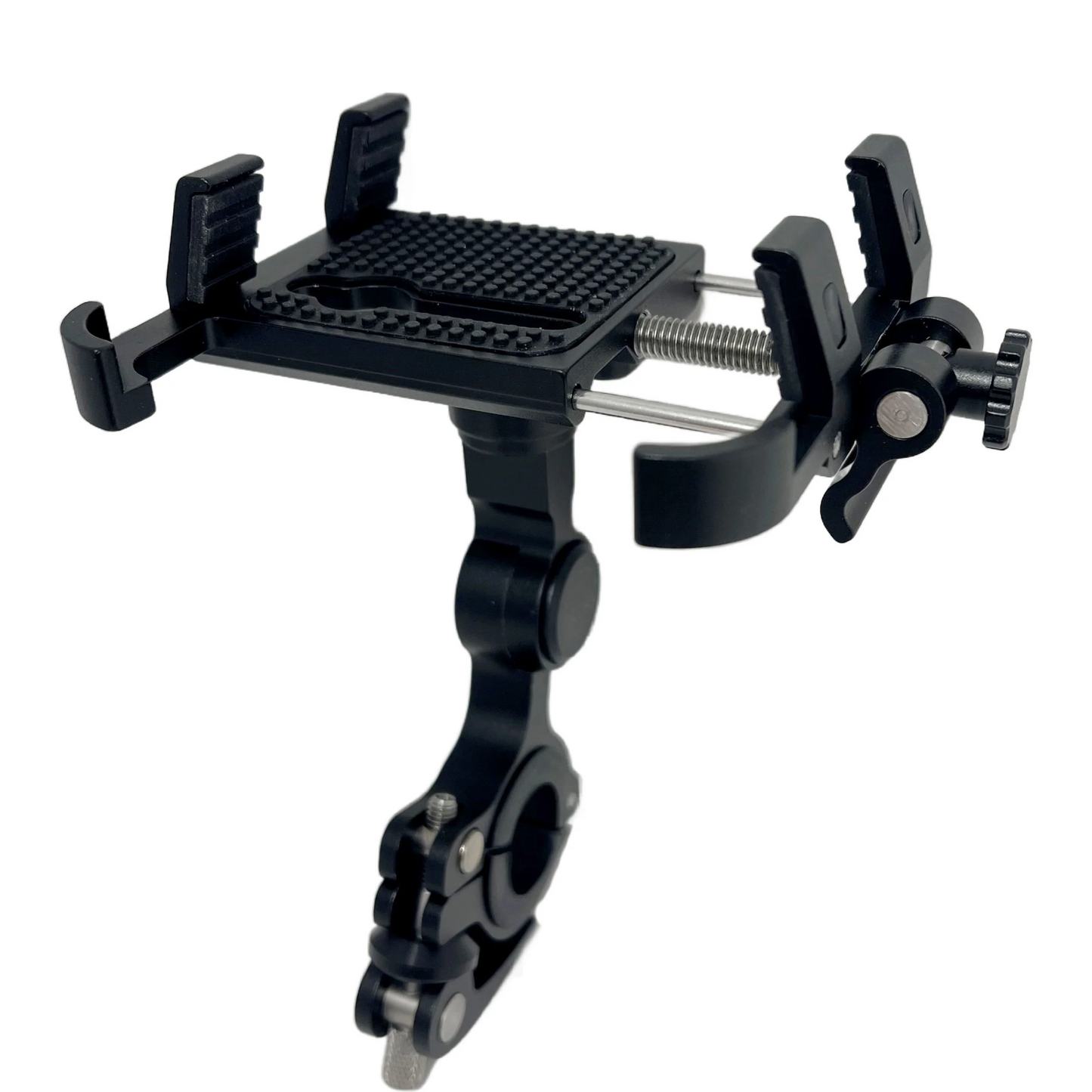 The BiKASE Cell Phone Holder - Bikase BikGrip is a black, adjustable handlebar mount with clamp and screw mechanism, designed for secure, universal fit on e-bikes or any bike.