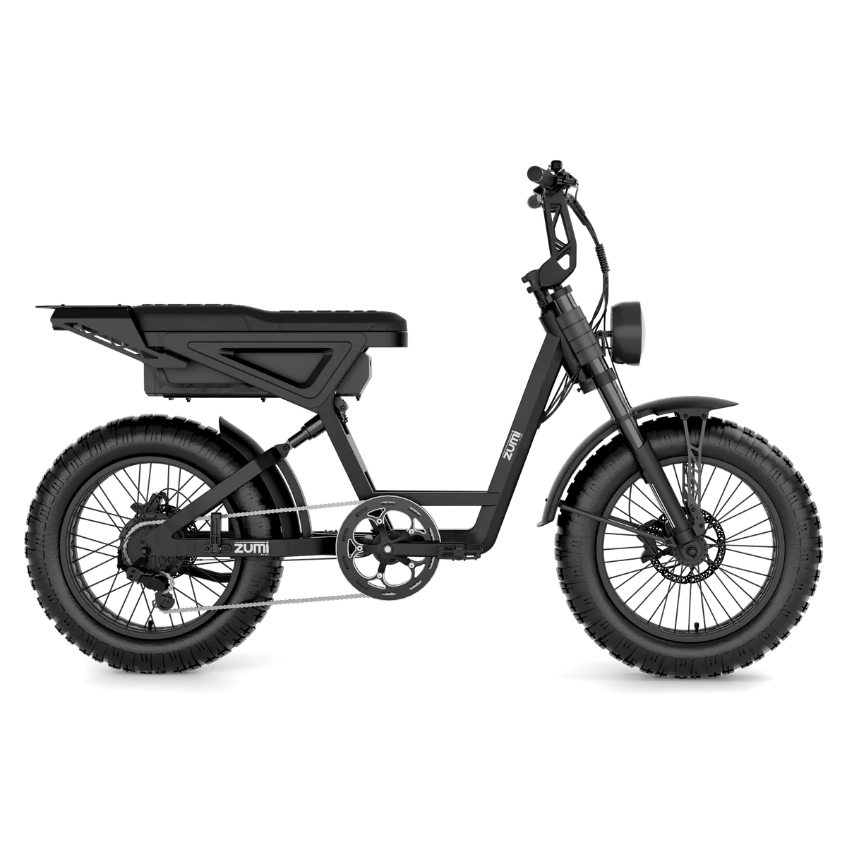 Experience the thrill of the Zumi - Blade, a high-performance black scrambler fat-tire e-bike. Ideal for urban commutes and off-road trails, it features a durable central frame and a rear cargo rack.