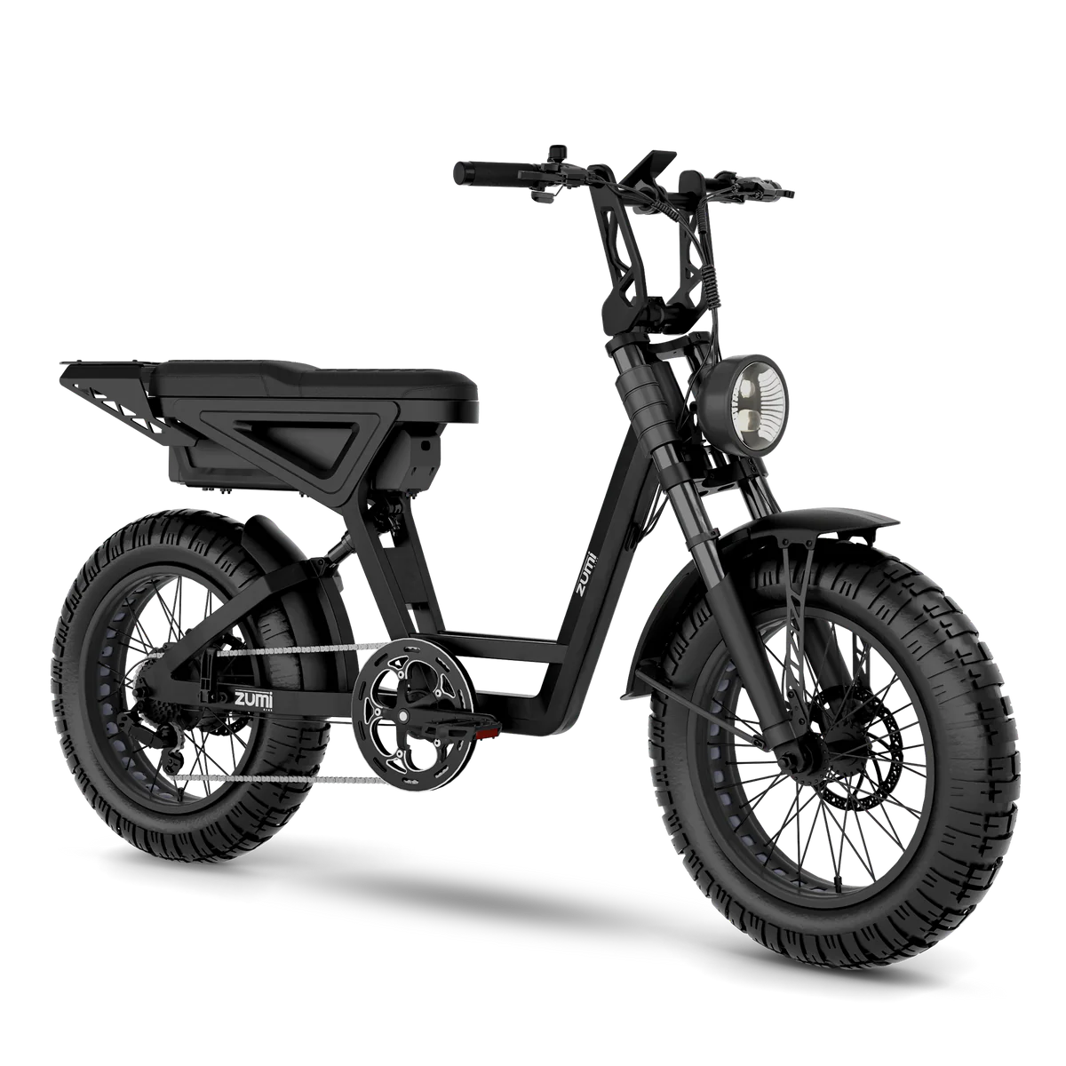 The Zumi Blade is a sleek black e-bike featuring fat tires, a rear cargo rack, and a round headlight. Its step-through design allows for easy mounting, making it an ideal electric scrambler for smooth rides on any adventure.