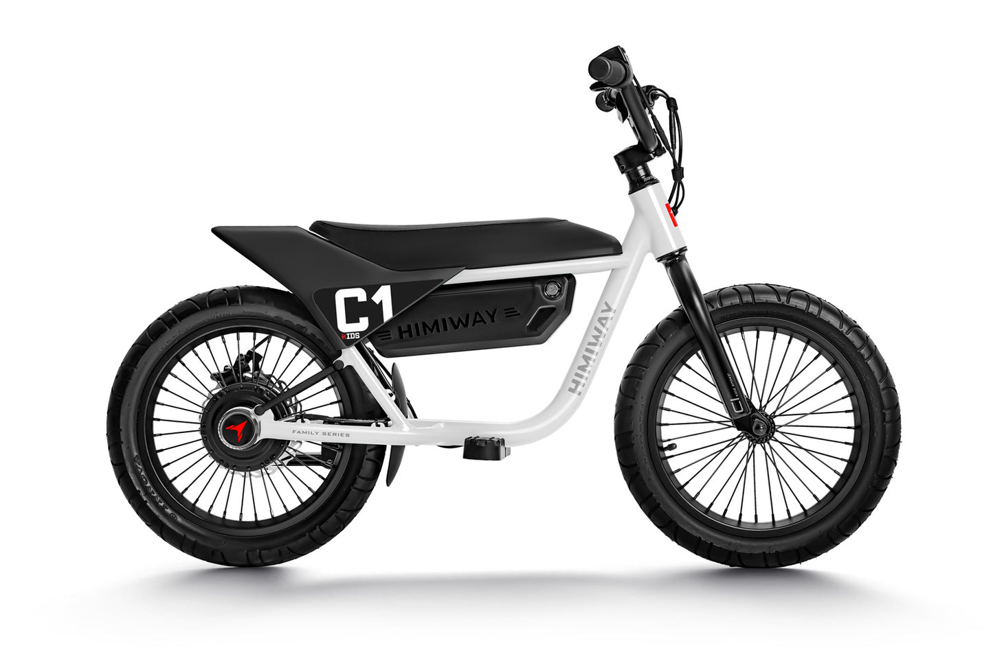 A white and black Himiway - C1 electric bike with thick tires, a padded seat, and handlebars from Himiway.