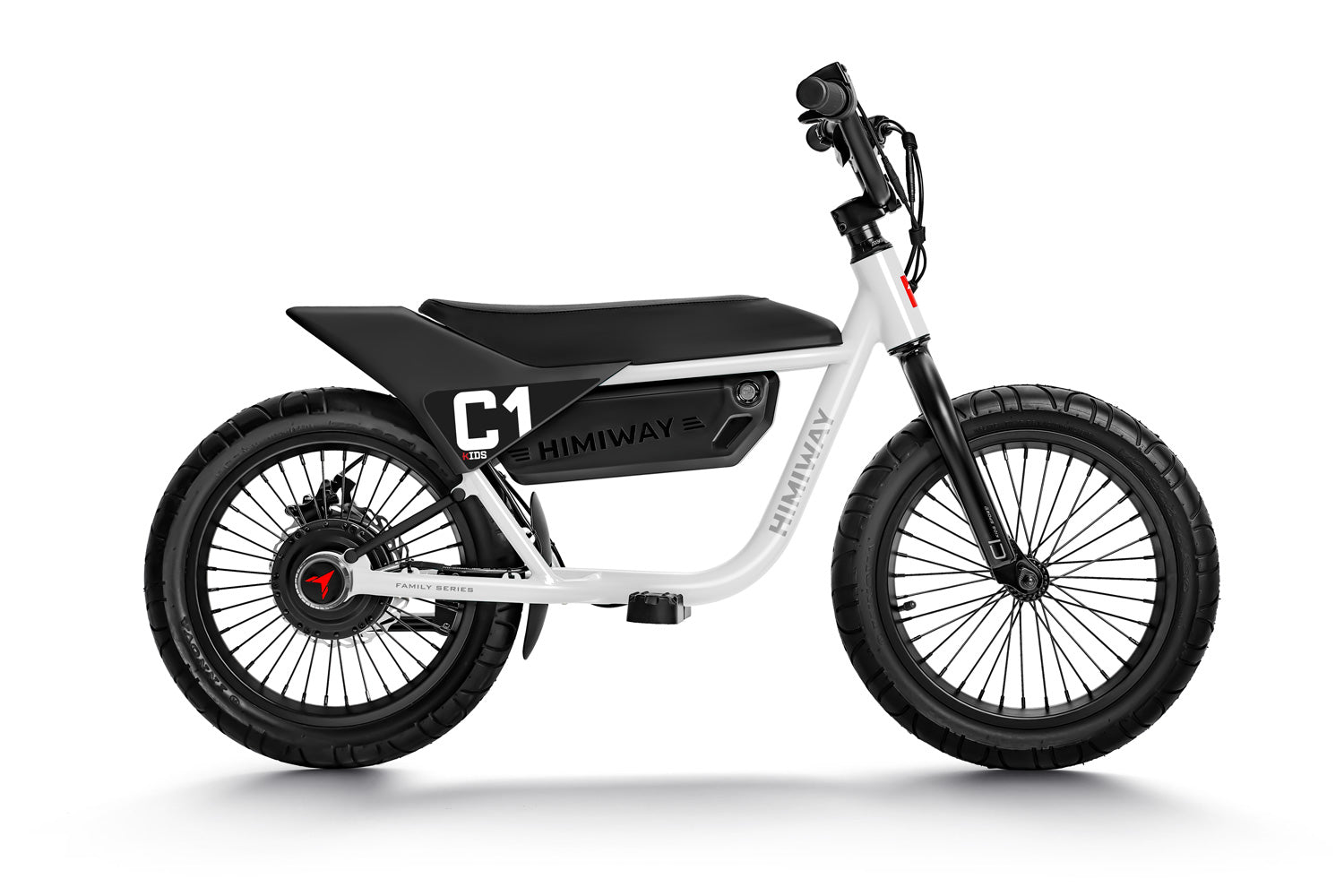 A white and black Himiway - C1 electric bike with thick tires, a padded seat, and handlebars from Himiway.