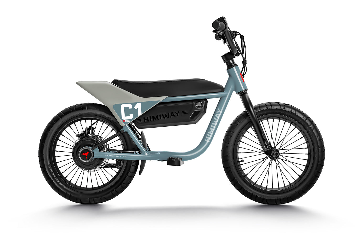 A blue and black Himiway - C1 electric bike with a sleek, minimalist design featuring thick tires, a padded seat, and handlebars by Himiway.