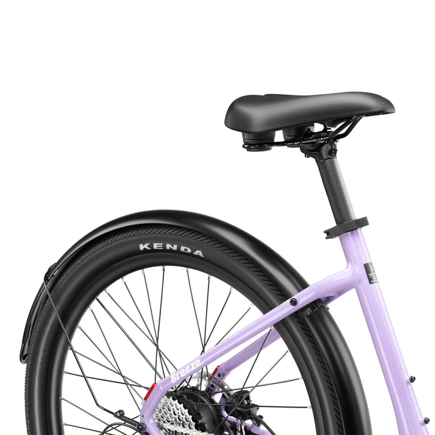 A rear view of a Velotric Breeze 1 purple bicycle showcases the back wheel with "KENDA" on the tire and perfectly positioned seat. Ideal for Tampa Bay eBikes enthusiasts or those curious about electric bike accessories, it embodies a seamless blend of style and innovation.
