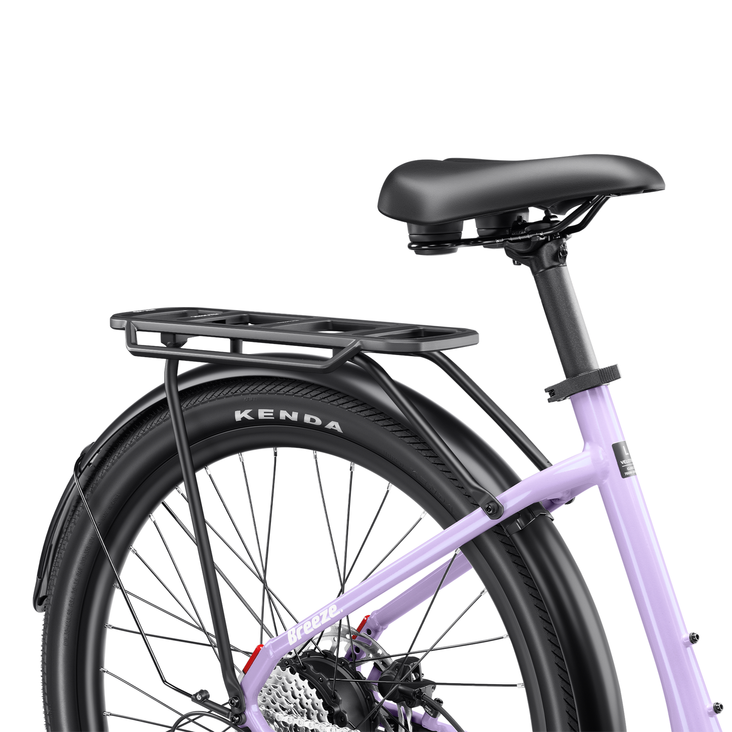 Close-up of a purple Summit 1 e-bike featuring the Velotric Breeze 1 rear rack, black saddle, and Kenda tires, showcasing high carrying capacity and sleek design.