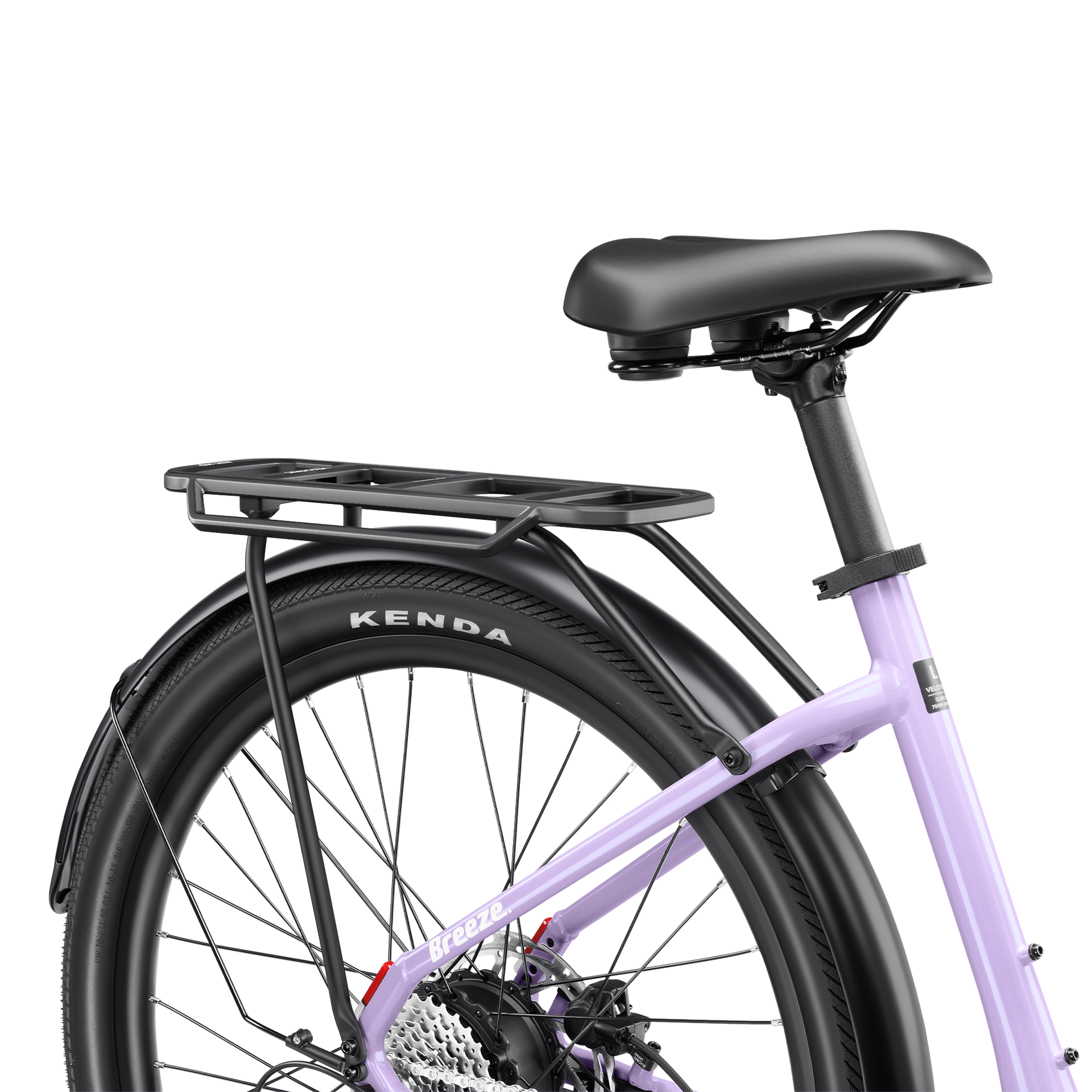 Close-up of a purple Summit 1 e-bike featuring the Velotric Breeze 1 rear rack, black saddle, and Kenda tires, showcasing high carrying capacity and sleek design.