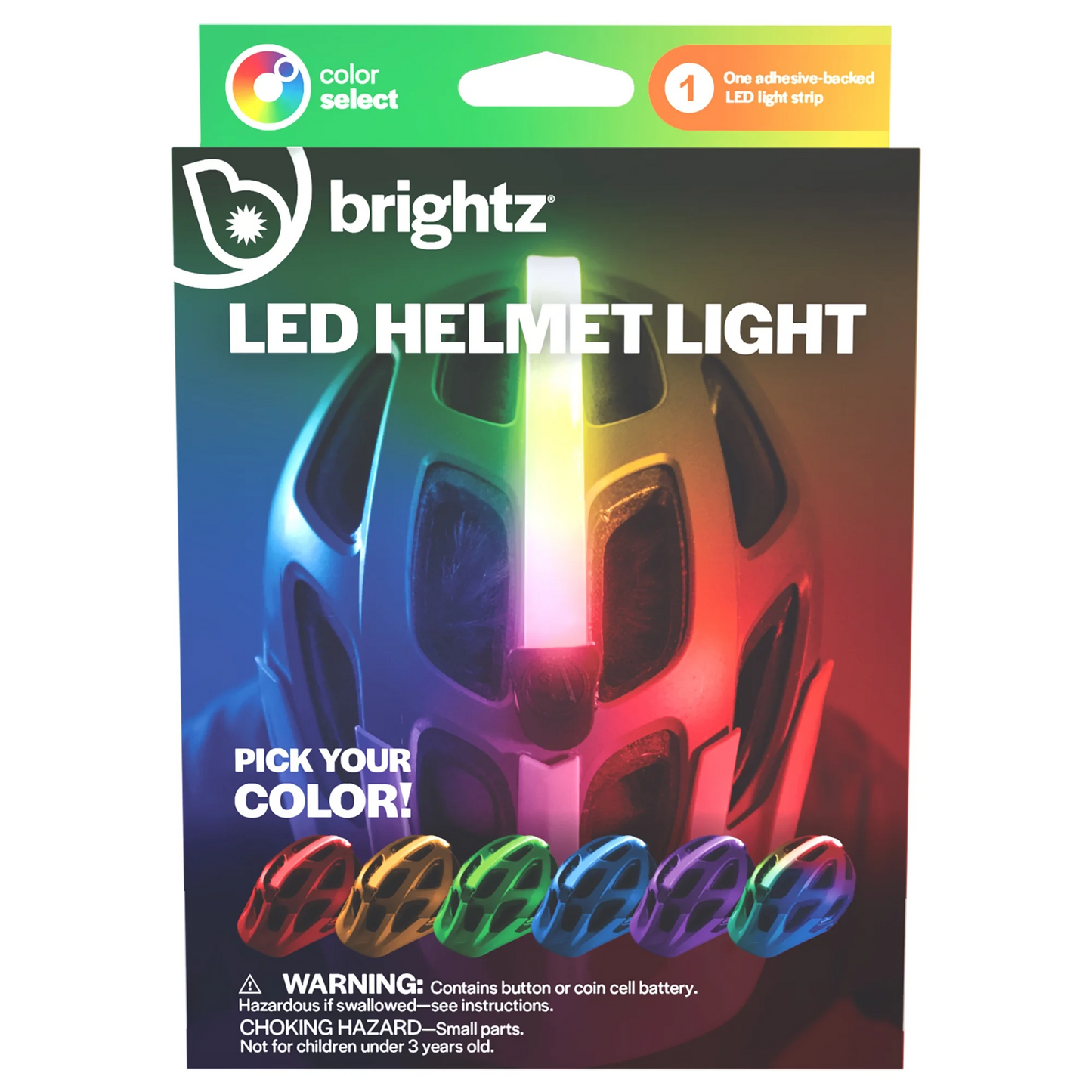 Front of a Helmet Brightz by Brightz package displays a helmet with a multicolor 75 Lumens LED strip, color select ring options, and highlights color selection, rechargeable headlight feature, plus safety warnings.