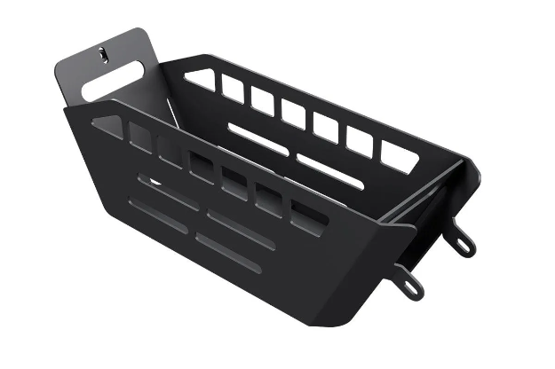The Himiway Frame Basket - Himiway C5 is a black metal storage basket with cut-out rectangular slots and mounting hooks, ideal as a bike storage accessory. Shown on a white background.