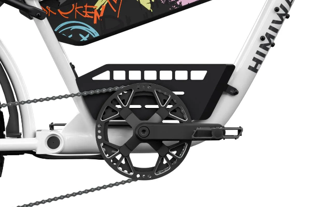 Close-up of a white Himiway bike frame with a geometric black chain guard, crankset, and pedal, featuring the Himiway Frame Basket - C5 as an aluminum cargo-carrying accessory.