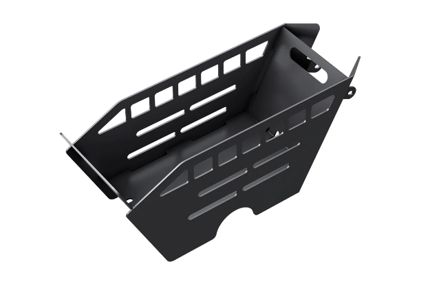 The Himiway Frame Basket - C5 is a black metal cargo carrier bracket with rectangular ventilation slots, angled edges, and mounting holes. Perfect as an aluminum bike basket accessory or for use with the Himiway Rear Basket.