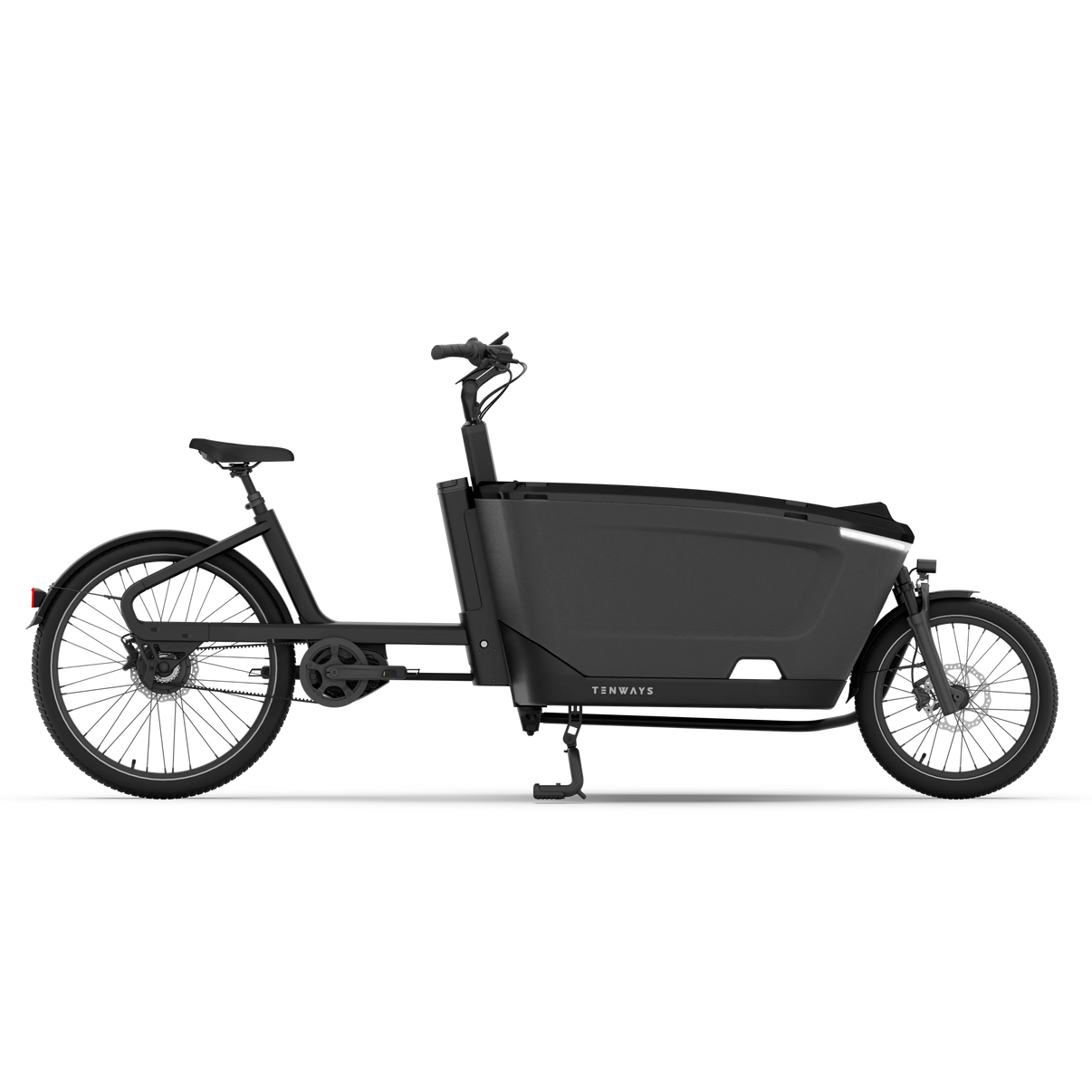 Side view of the Tenways - Cargo One, a black electric cargo bike by Tenways with a large front storage box, ideal for urban goods transport or as a practical family eBike.